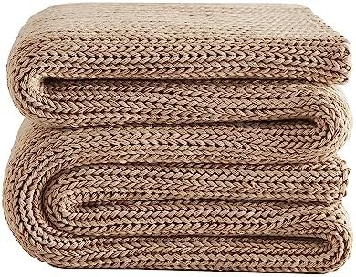Beige knitted chunky crochet throw blanket